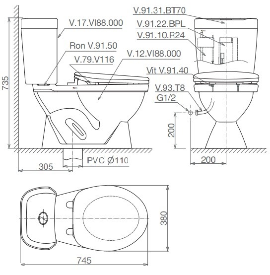 Bàn Cầu 2 Khối Viglacera VI88 Nắp Êm V1102E Kèm VTL2