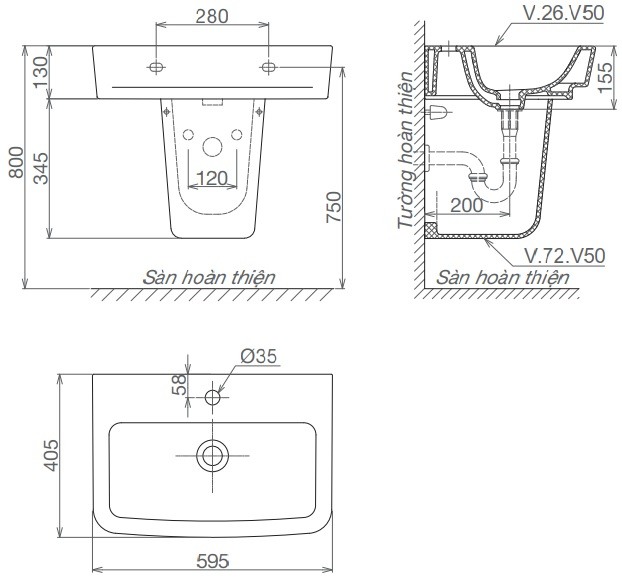 Bộ Chậu Rửa Lavabo Và Chân Ngắn Treo Tường Viglacera V50 (CD50)