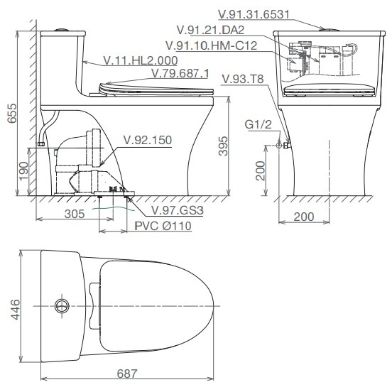 Bồn Cầu Viglacera HL2 Nắp V687 1 Khối Nano Titan + VG826