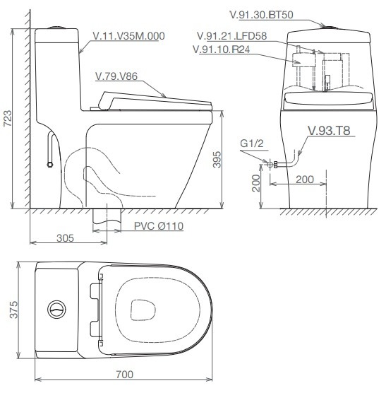 Bồn Cầu Viglacera V35M Xả Xoáy Nắp Êm V86 + Vòi Xịt VG826