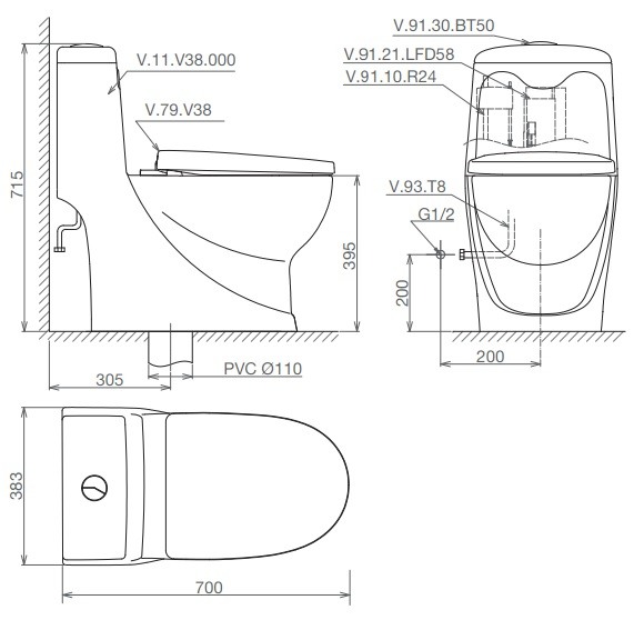 Bồn Cầu Viglacera V38 Nắp V38 + Vòi Xịt VG826 Xả Mưa