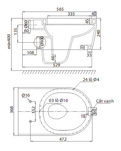 Bồn Cầu Viglacera V55 Treo Tường Thoát Ngang