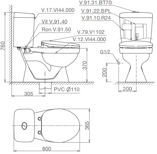 Bồn Cầu Viglacera VI44 2 Khối Nắp Thường ( Hà Nội)