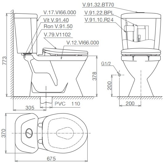 Bồn Cầu Viglacera VI66 2 Khối Nắp Êm Kèm Lavabo VTL2