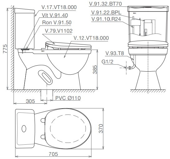 Bồn Cầu Viglacera VT18M 2 Khối Nắp Êm V1102E Kèm Chậu VTL2