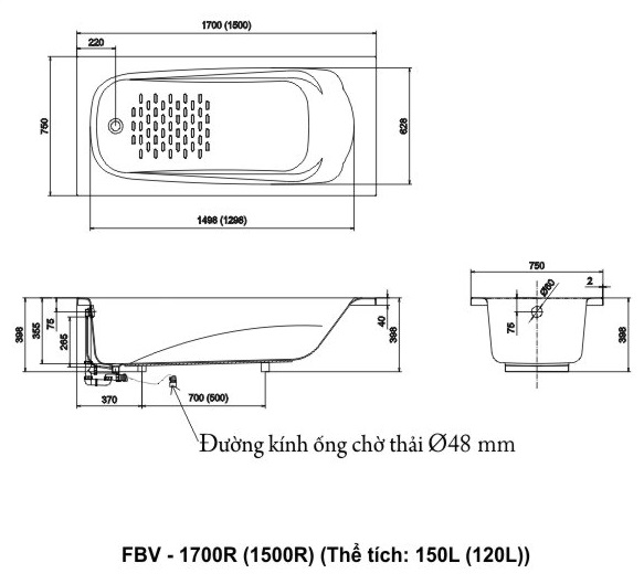 Bồn Tắm Inax FBV-1700R (FBV1700R) 1.7M Xây Ocean