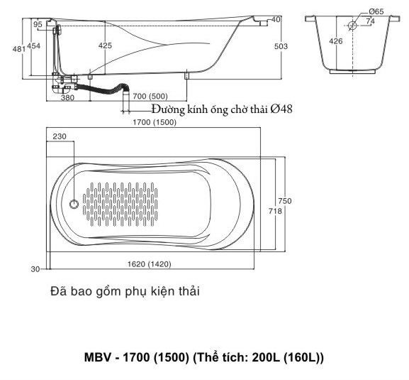 Bồn Tắm Inax MBV-1700 (MBV1700) Xây 1.7M Galaxy 