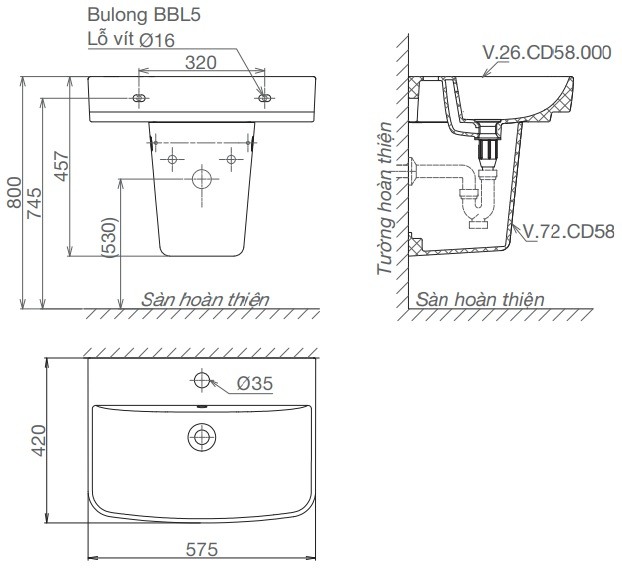 Chậu Rửa Lavabo Viglacera CD58 (V58) Fansipan Chân Ngắn Chậu Rửa Lavabo Viglacera CD58 (V58) Fansipan Chân Ngắn