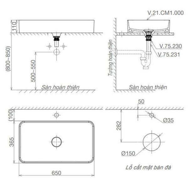 Chậu Rửa Lavabo Viglacera CM01 (CM1) Đặt Bàn Chữ Nhật