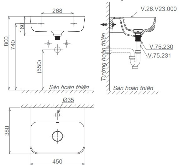 Chậu Rửa Lavabo Viglacera V23 Mekong Treo Tường