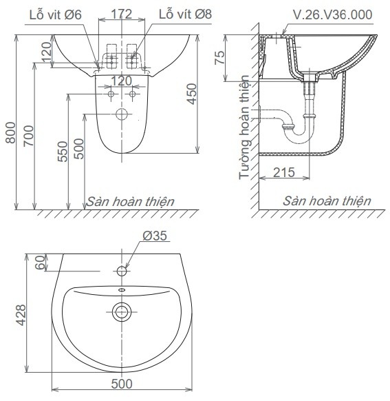 Chậu Rửa Lavabo Viglacera V36 Chân Treo