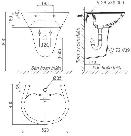 Chậu Rửa Lavabo Viglacera V39 Chân Treo