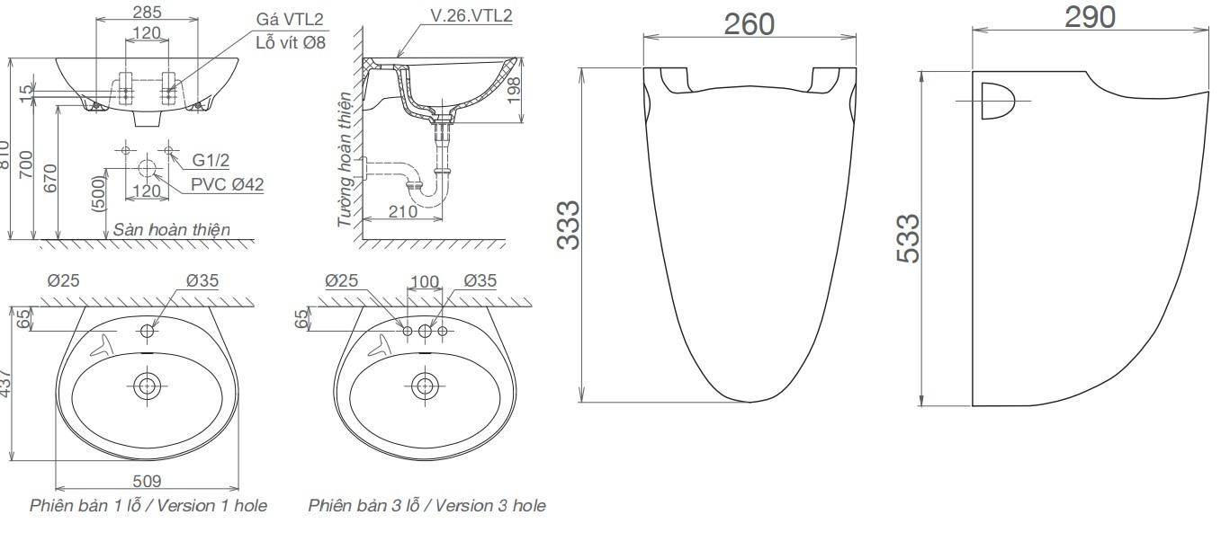 Chậu Rửa Lavabo Viglacera VTL2/BS503 (BS401) Chân Treo