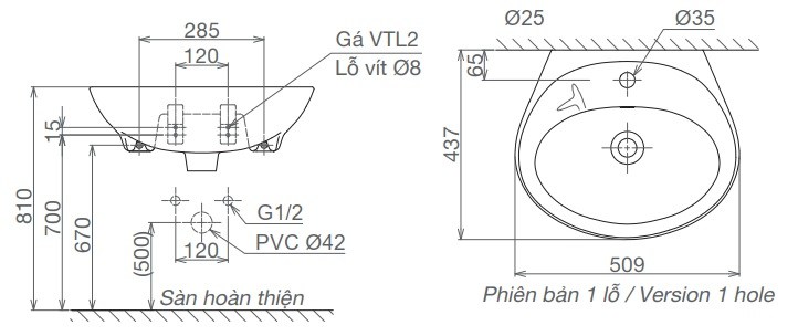 Chậu Rửa Lavabo Viglacera VTL2 Treo Tường