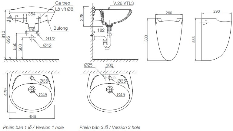 Chậu Rửa Lavabo Viglacera VTL3/VI5 Chân Treo