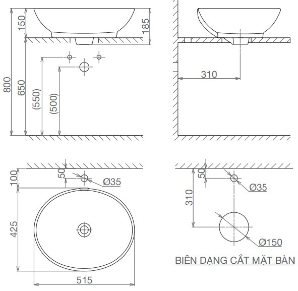 Chậu Rửa Mặt Lavabo Viglacera BS415 Đặt Bàn Đá Oval