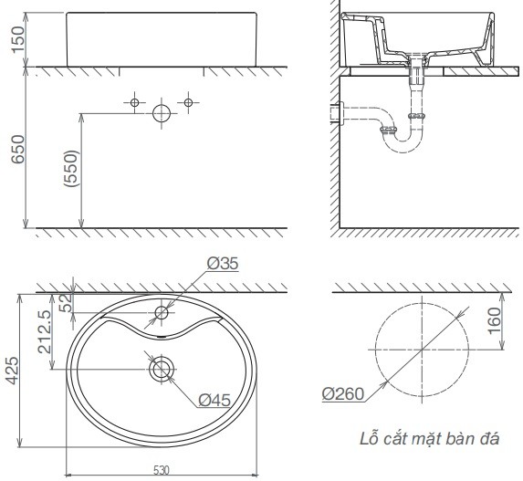 Chậu Rửa Mặt Lavabo Viglacera CD19 Đặt Bàn Tròn