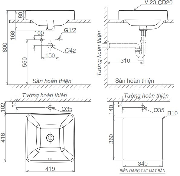 Chậu Rửa Mặt Lavabo Viglacera CD20 Đặt Bàn Vuông
