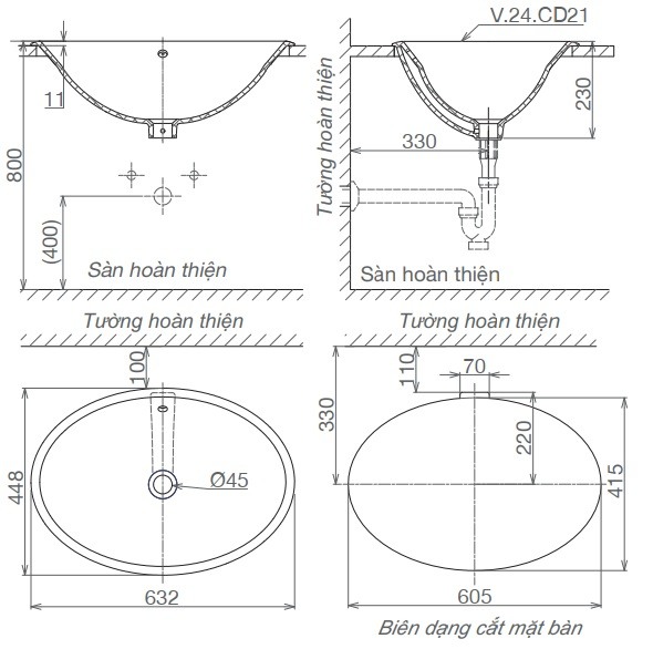 Chậu Rửa Mặt Lavabo Viglacera CD21 Dương Vành