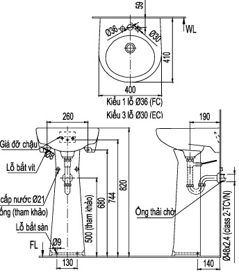 Lavabo Treo Tường Inax L-282V/L-284VD Kèm Chân Dài