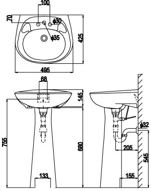 Lavabo Treo Tường Inax L-284V/L-284VD Kèm Chân Dài