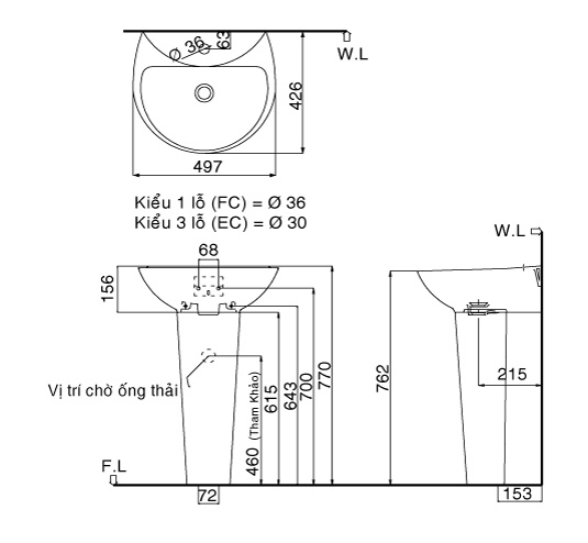 Lavabo Treo Tường Inax L-285V/L-288VD Kèm Chân Dài