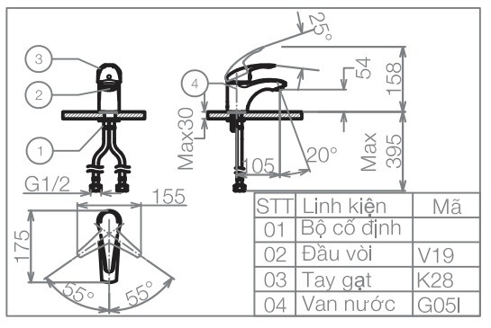 Vòi Chậu Lavabo Nóng Lạnh Viglacera VG104