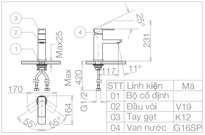 Vòi Chậu Rửa Măt Lavabo Viglacera VG112 Nóng Lạnh