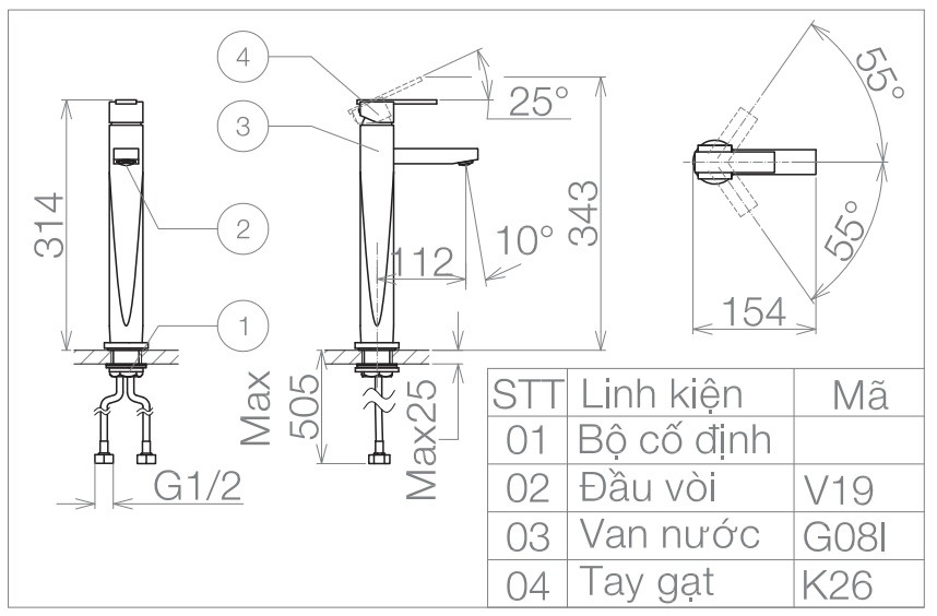 Vòi Chậu Rửa Mặt Lavabo Viglacera VG126 Nóng Lạnh Cổ Cao