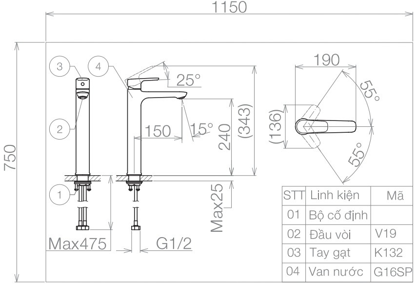 Vòi Chậu Rửa Măt Lavabo Viglacera VG132.1 Nóng Lạnh Cổ Cao