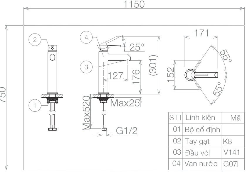 Vòi Chậu Rửa Măt Lavabo Viglacera VG141.1 Nóng Lạnh Cổ Cao