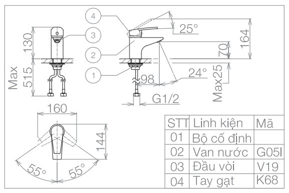Vòi Chậu Rửa Mặt Lavabo Viglacera VG168 Nóng Lạnh