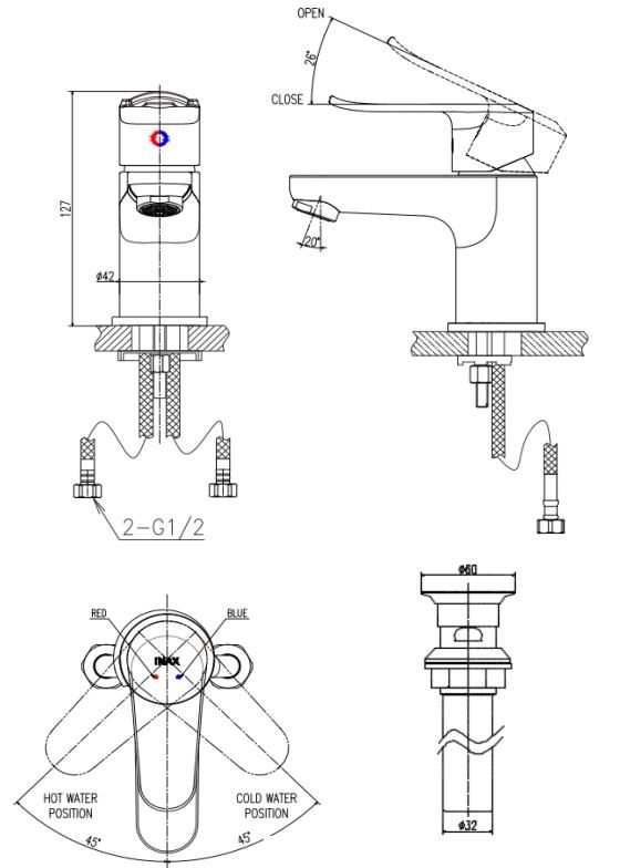 Vòi Lavabo Inax LFV-2012S-R (LFV2012S) Nóng Lạnh Kèm Trụ Xả Lật