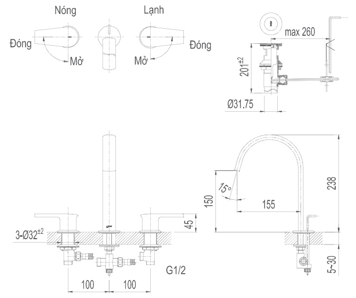 Vòi Lavabo Inax LFV-7100B (LFV7100B) Van Nóng Lạnh Riêng 3 Lỗ