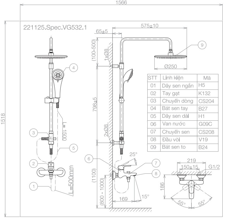 Vòi Sen Cây Viglacera VG532.1 Nóng Lạnh