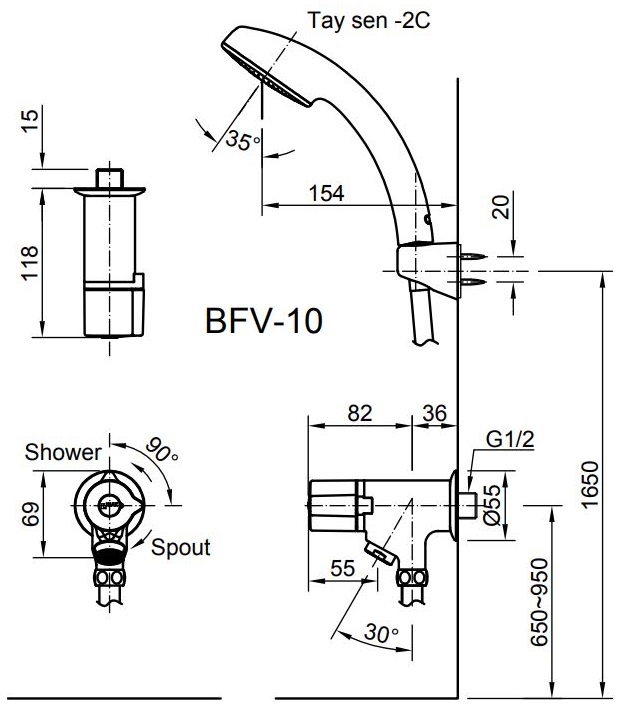 Vòi Sen Lạnh Inax BFV-10-2C (BFV102C) Tay Sen Mạ