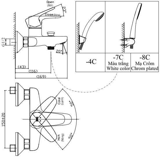 Vòi Sen Tắm Inax BFV-1113S-7C (BFV1113S7C) Tăng Áp Trắng Nóng Lạnh
